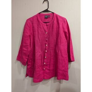 Women's hot pink 3/4 length sleeve linen Henley neckline blouse by Rafaela PM